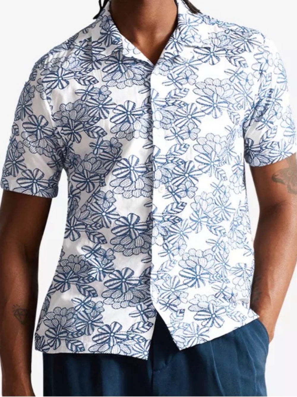 Ted Baker Floral Cotton Short Sleeve Button Up Shirt Navy White Size 1/Small